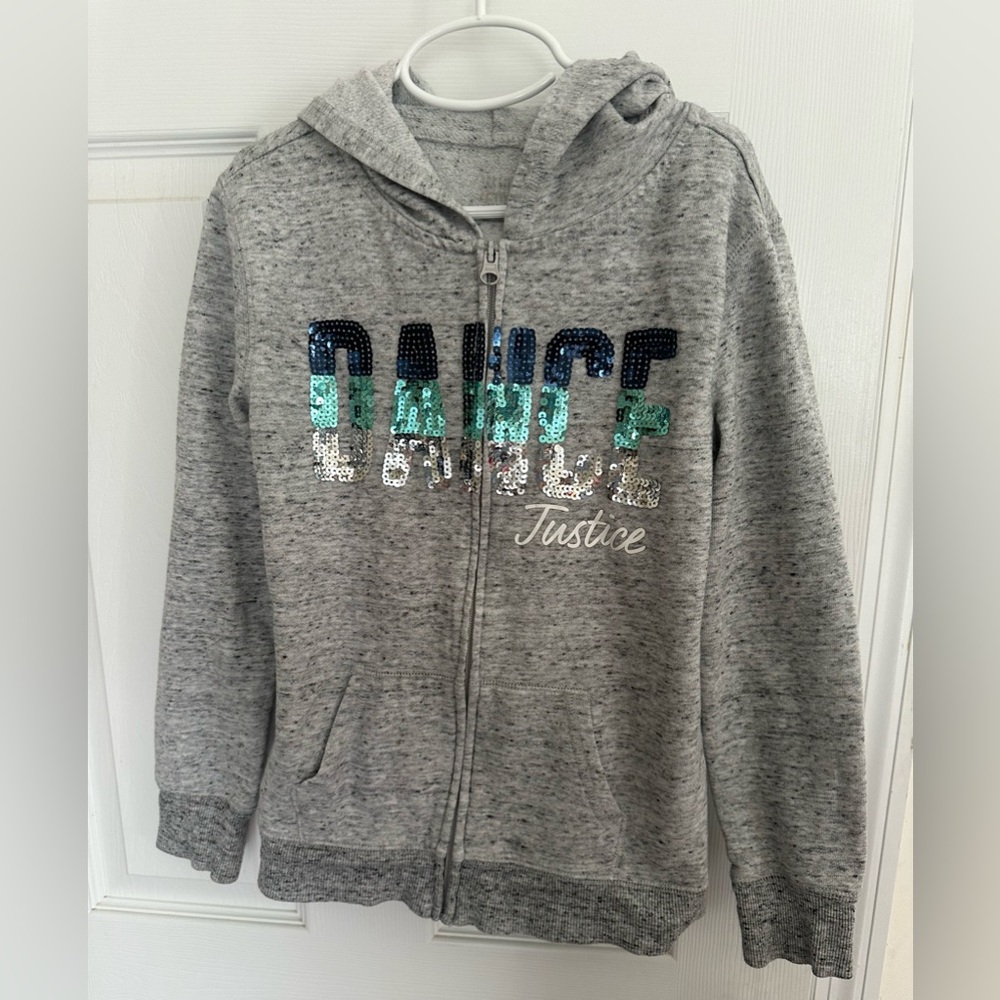 Justice Dance Girls Size 8/10 Long Sleeve Gray Zip Up Hoodie Sweatshirt Blue